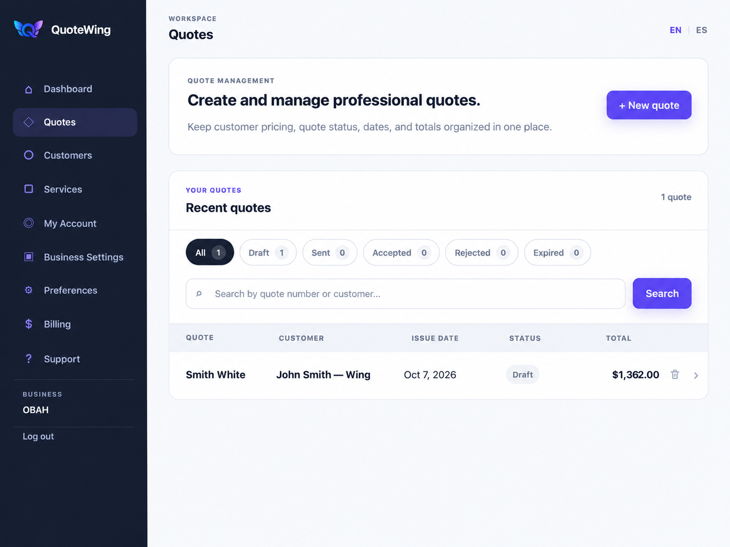 QuoteWing quote management dashboard
